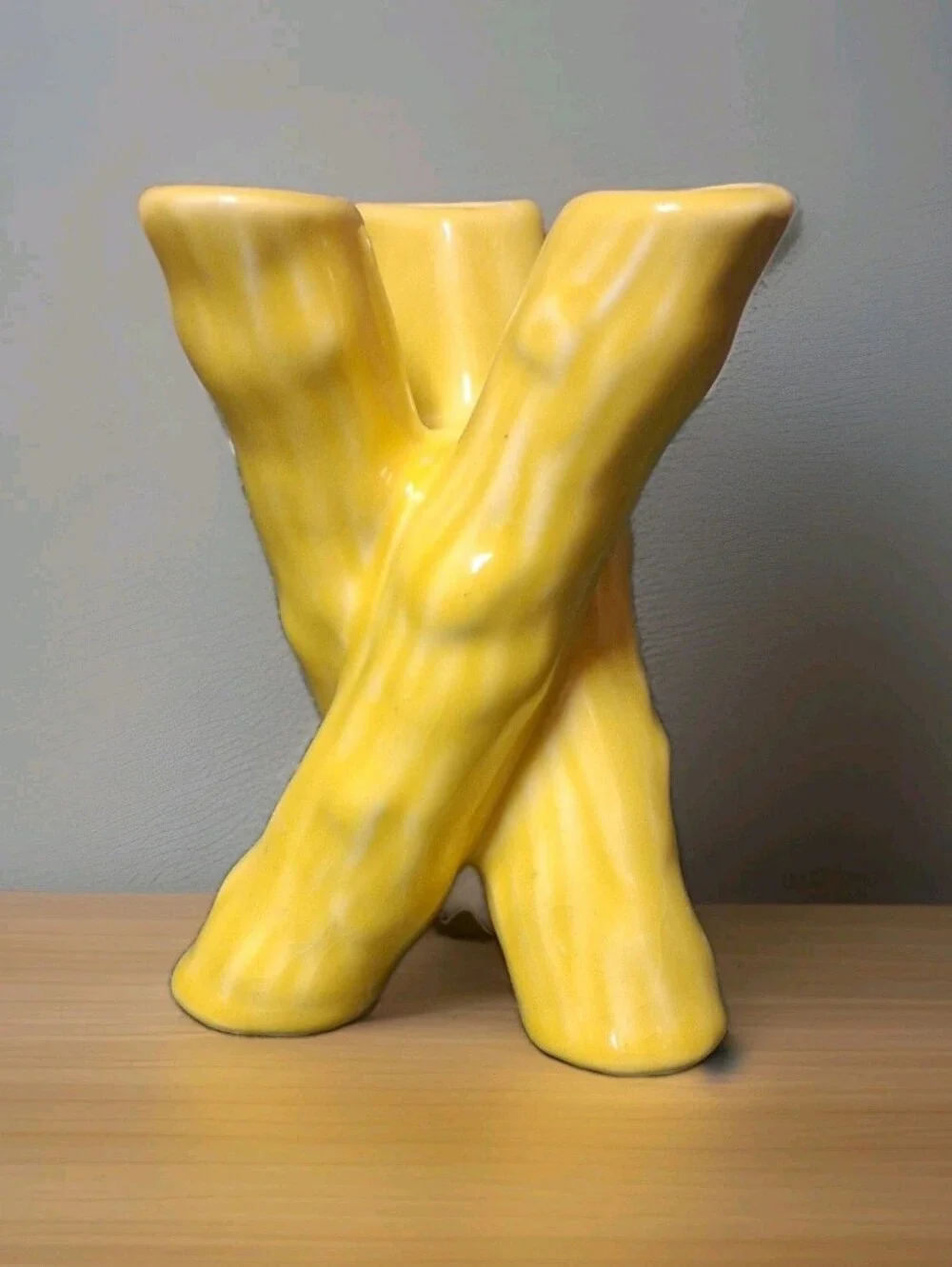 Vintage Camark Pottery Twisted Bamboo Triple Bud Vase Pale Yellow